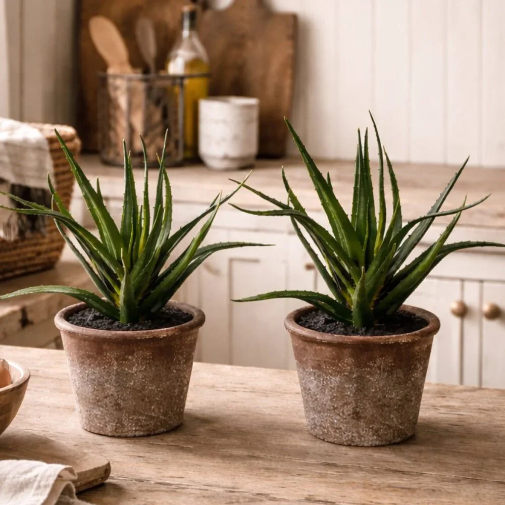 Set of 2  Faux Lifelike Aloe Plant In Rustic Terracotta Pot Planter